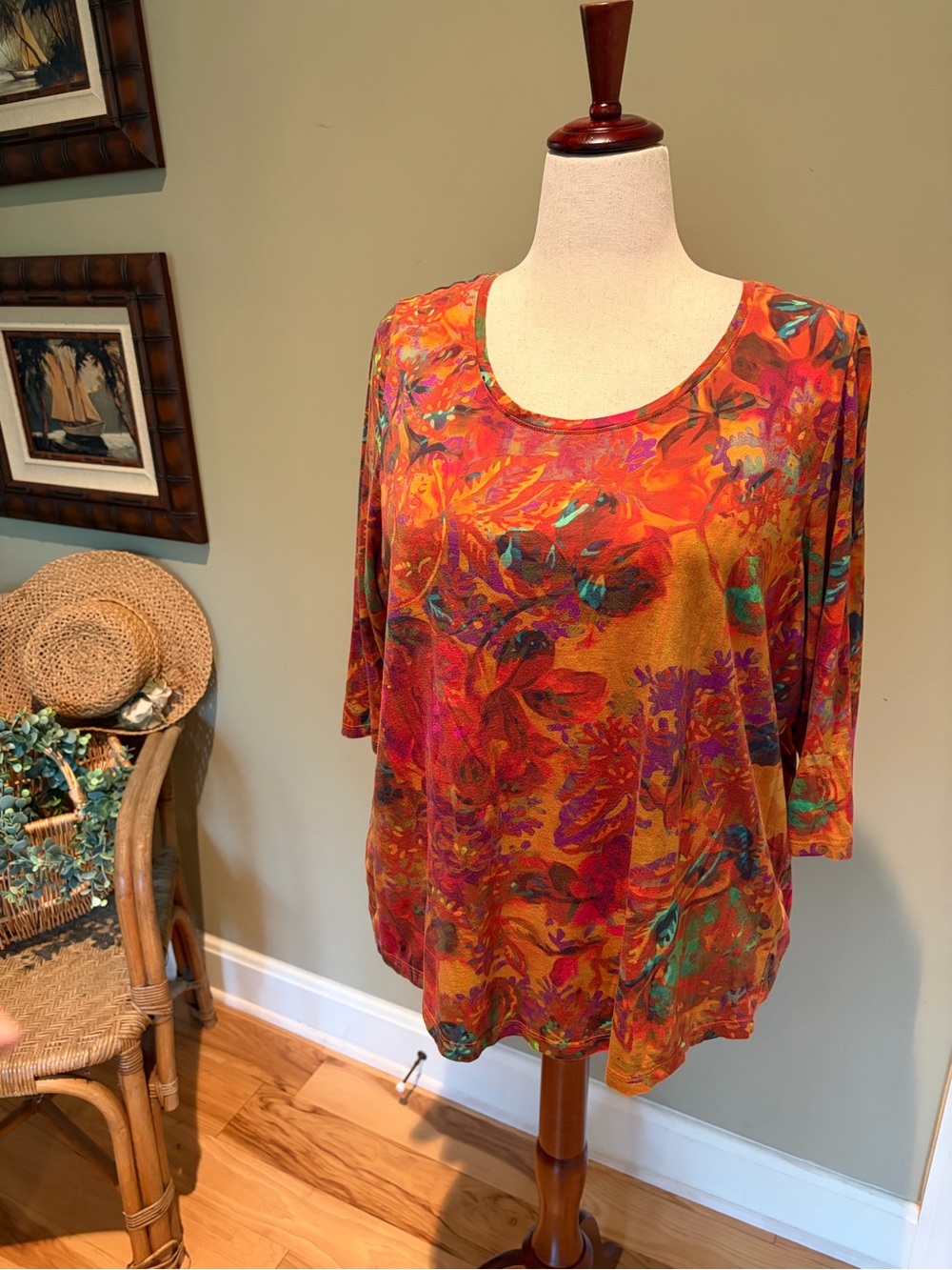 Peruvian Connection XL Orange, Red, Teal Multi Floral Scoop Neck Pima Cotton Tee